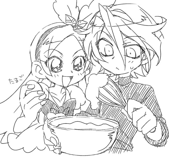 1boy, 1girl, bow, dress, greyscale, hacchi_(tennencalpis), hairband, julio_(precure)