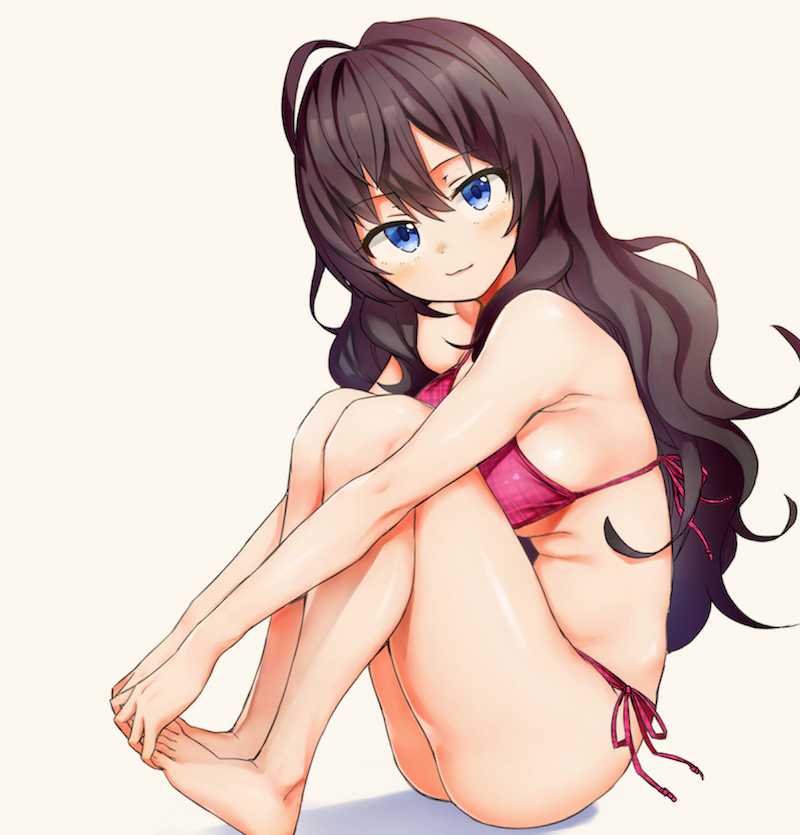 1girl, ahoge, bare_shoulders, barefoot, bikini, blue_eyes, blush, breasts