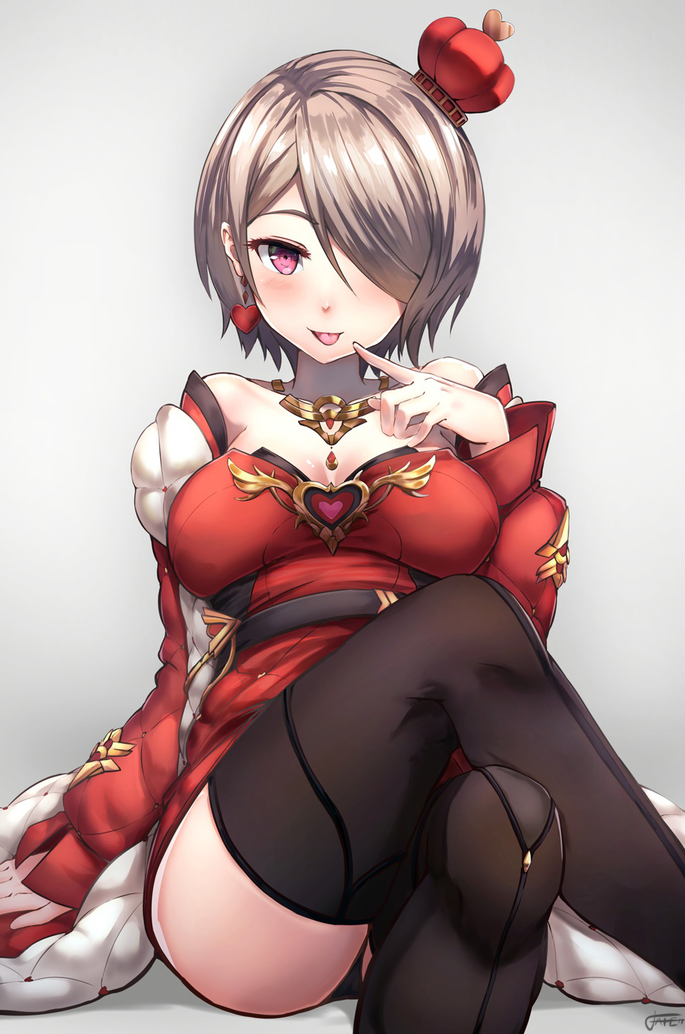 1girl, alternate_costume, bare_shoulders, belt, black_thighhighs, blush, breasts, coat, crossed_legs, crown, dress, earrings, female_focus, flower, gem, gloves, gold, grey_hair, hair_over_one_eye, heart, heart_earrings, highres, honkai_(series), honkai_impact_3rd, jewelry, large_breasts, long_sleeves, looking_at_viewer, mini_crown, necklace, off_shoulder, pointing, pointing_at_self, purple_eyes, red_coat, red_dress, red_gem, rita_rossweisse, rita_rossweisse_(dame_de_coeur), rita_rossweisse_(umbral_rose), short_hair, signature, sitting, smile, solo, thighhighs, tongue, tongue_out, xfate