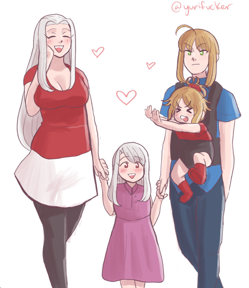 >_<, 4girls, :o, aged_down, ahoge, alternate_costume, artoria_pendragon_(fate), baby_carrier