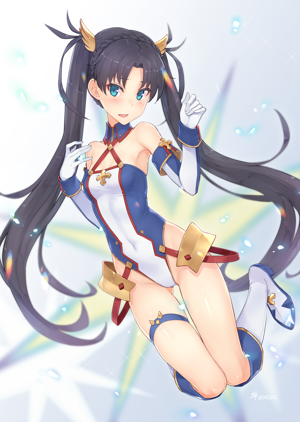 1girl, armor, bare_shoulders, black_hair, blue_eyes, blue_leotard, blurry, blush