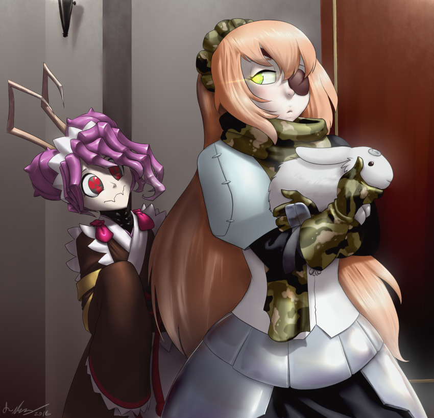 2girls, antennae, rabbit, camouflage, closed_mouth, cz2128_delta, entoma_vasilissa_zeta, eyepatch