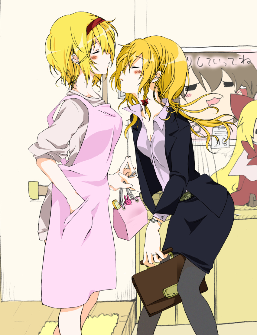 2girls, alice_margatroid, alternate_costume, apron, bad_id, bad_pixiv_id, blonde_hair, blush