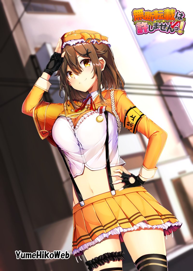 1girl, armband, black_gloves, black_thighhighs, blouse, blue_sky, blurry, blush