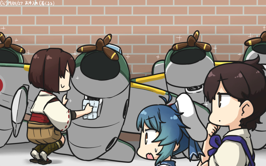 3girls, airplane_costume, blue_hair, blue_sailor_collar, brick_wall, brown_eyes, brown_hair, brown_hakama