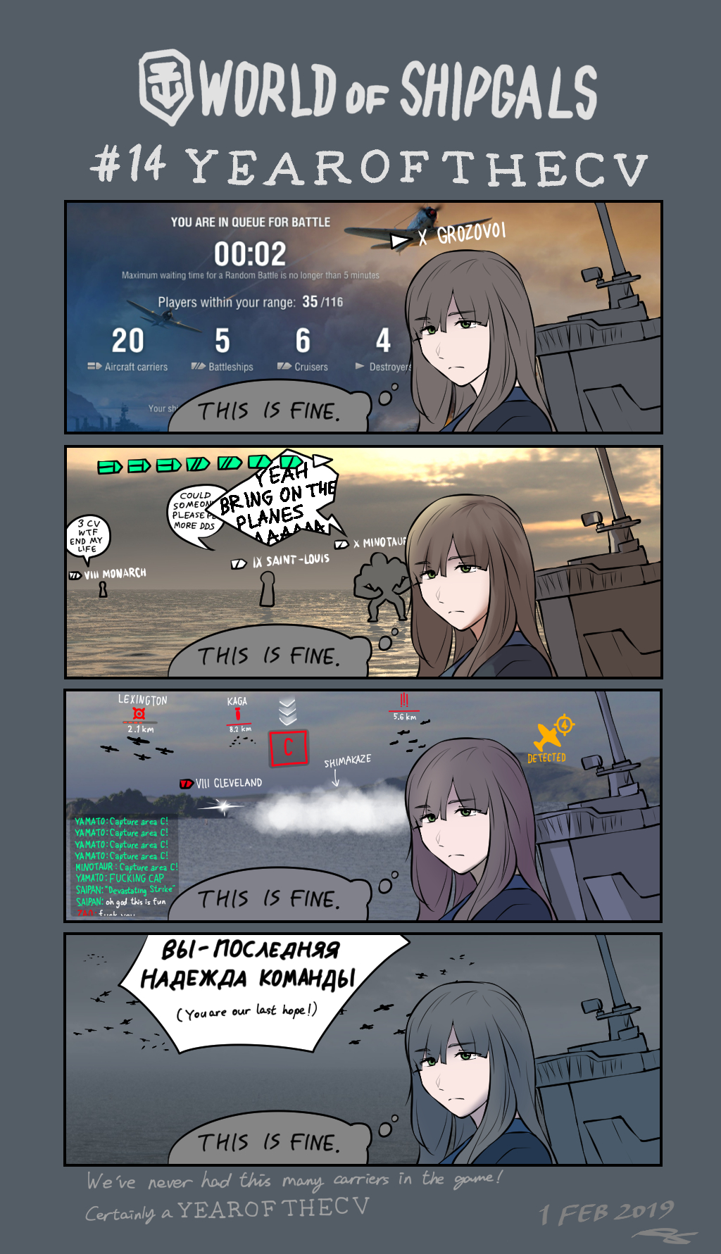 1girl, 4koma, aircraft, airplane, brown_hair, comic, commentary, cyrillic, dated, english_commentary, english_text, gameplay_mechanics, green_eyes, grozovoi_(greythorn032), highres, impending_doom, long_hair, ocean, original, personification, profanity, russian_text, ryan_greythorn, smoke, solo_focus, speech_bubble, standing, standing_on_liquid, thought_bubble, world_of_warships