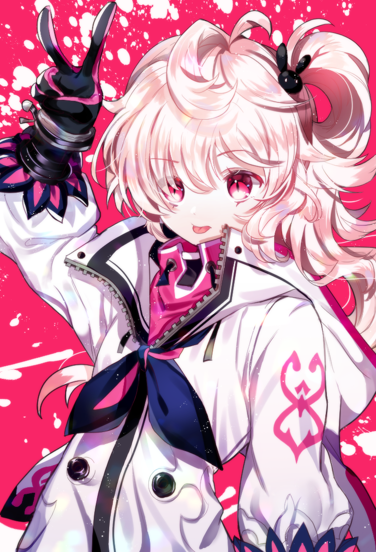 1girl, arm_up, black_gloves, blush, closed_mouth, commentary, elsword, female_focus, gloves, hair_between_eyes, hair_ornament, jacket, laby_(elsword), light_brown_hair, long_hair, long_sleeves, paraffin, pink_shirt, puffy_long_sleeves, puffy_sleeves, rabbit_hair_ornament, red_eyes, rumble_pumn_(elsword), shirt, side_ponytail, slit_pupils, solo, tongue, tongue_out, upper_body, v, white_jacket