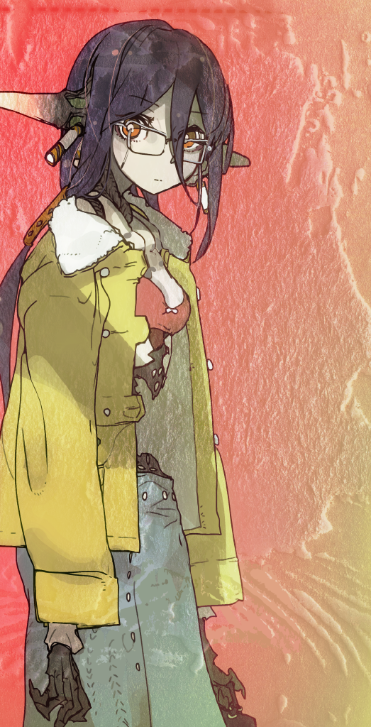 1girl, android, bra, etrian_odyssey, expressionless, female_focus, glasses, hair_between_eyes