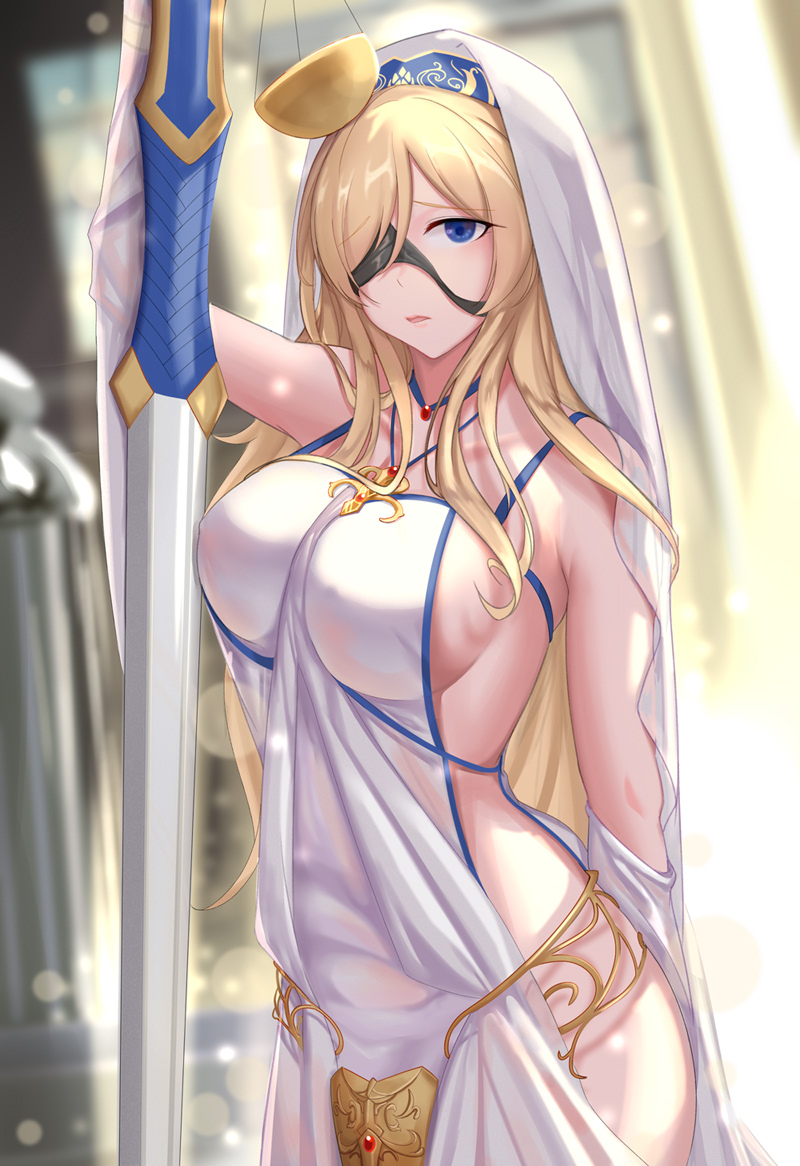1girl, arm_behind_back, bare_shoulders, blindfold, blindfold_slip, blonde_hair, blue_eyes, breasts, commentary_request, cowboy_shot, dress, female_focus, goblin_slayer!, hair_ornament, hair_over_one_eye, hat, holding, holding_weapon, jewelry, l.kili, large_breasts, long_hair, necklace, one_eye_covered, solo, standing, sword_maiden, weapon, white_dress, white_hat