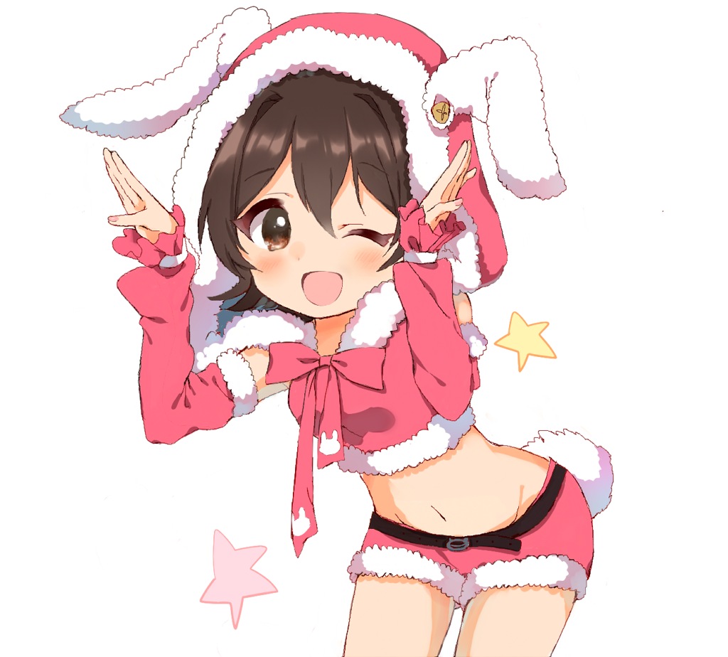 1girl, ;d, akagi_miria, animal_ears, animal_hood, armpits, belt, blush