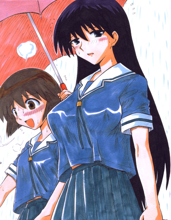 2girls, azumanga_daiou, black_hair, blush, bob_cut, breasts, brown_eyes, brown_hair, from_below, holding, holding_umbrella, kaori_(azumanga_daioh), large_breasts, long_hair, looking_down, marker_(medium), medium_breasts, multiple_girls, open_mouth, parted_lips, poinikusu, rain, sakaki_(azumanga_daioh), school_uniform, serafuku, short_hair, skirt, smile, sweat, traditional_media, umbrella, yuri