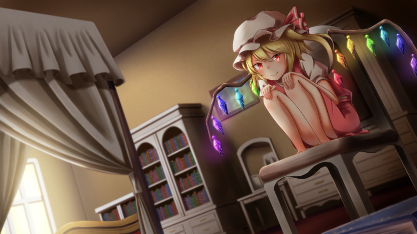 1girl, bed, bedroom, blonde_hair, blurry, book, bookshelf, canopy_bed