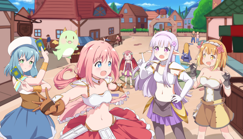 5girls, ahoge, armor, beret, bikini_armor, blonde_hair, blue_eyes, blue_hair