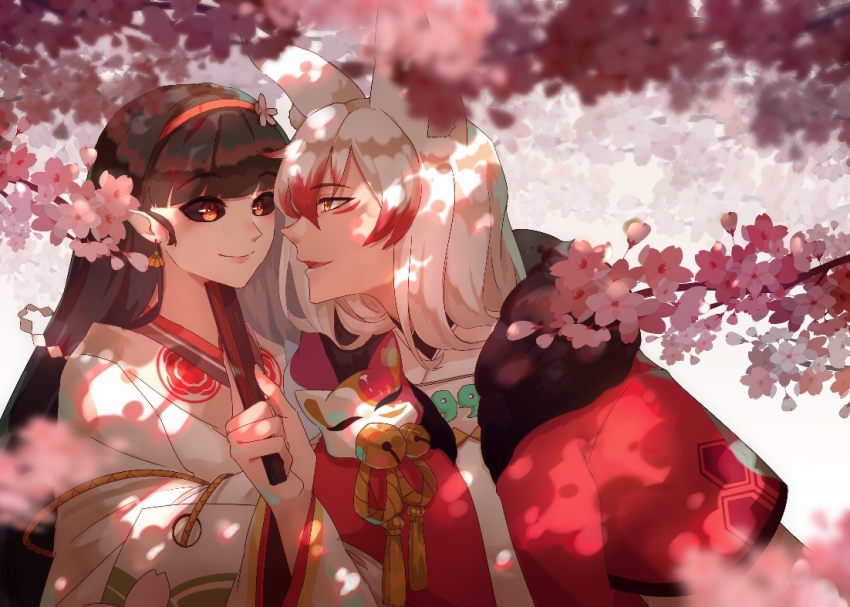 1boy, 1girl, animal_ears, bad_id, bad_pixiv_id, bell, black_sclera, brown_eyes, brown_hair, cherry_blossoms, colored_sclera, dorain_(duyu), earrings, eye_contact, facial_tattoo, flower, folded_fan, folding_fan, fox_ears, hair_flower, hair_ornament, hand_fan, headband, holding, holding_fan, japanese_clothes, jewelry, jingle_bell, kimono, kitsune, long_hair, looking_at_another, magatama, multicolored_hair, onmyoji, outdoors, red_hair, red_headband, tattoo, tiaotiaomeimei, two-tone_hair, upper_body, very_long_hair, white_hair, white_kimono, youko_(onmyoji)
