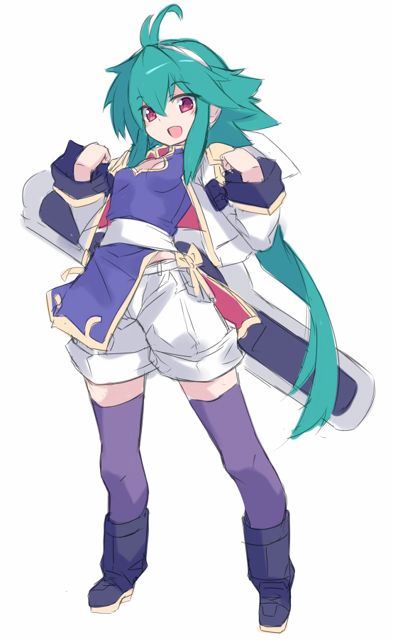 1girl, :d, antenna_hair, black_boots, blush, boots, breasts, female_focus