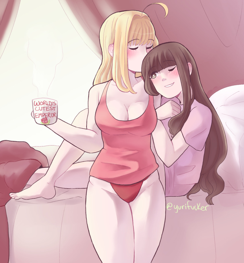 2girls, ahoge, arm_hug, bad_id, bad_pixiv_id, blunt_bangs, blush, breasts, brown_eyes, brown_hair, cleavage, closed_eyes, coffee_mug, cup, fate/extra, fate_(series), groin, henemimi, highres, kishinami_hakuno_(female), large_breasts, long_hair, morning_after, mug, multiple_girls, nero_claudius_(fate), nero_claudius_(fate/extra), one_eye_closed, pajamas, panties, tank_top, thighs, twitter_username, under_covers, underwear, yuri