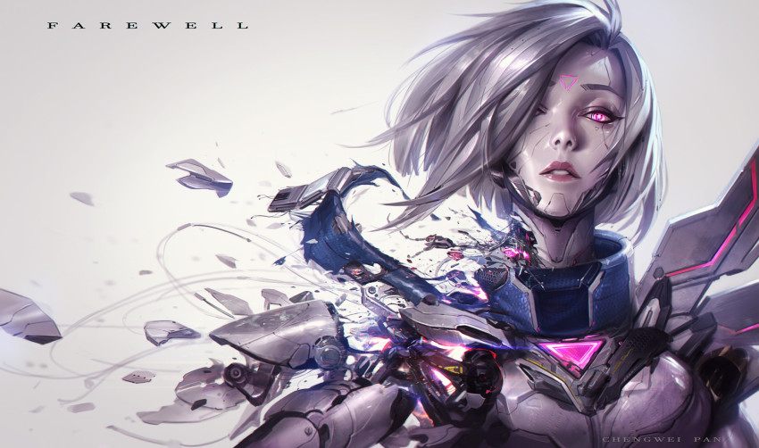 1girl, alternate_costume, alternate_hair_color, android, artist_name, breasts, cable, chengwei_pan, cyberpunk, cyborg, damaged, female_focus, fiora_(league_of_legends), floating_hair, glowing, glowing_eyes, hair_over_one_eye, highres, league_of_legends, looking_at_viewer, mechabare, neon_trim, parted_lips, pink_eyes, project:_fiora, short_hair, silver_hair, simple_background, solo, upper_body, wind