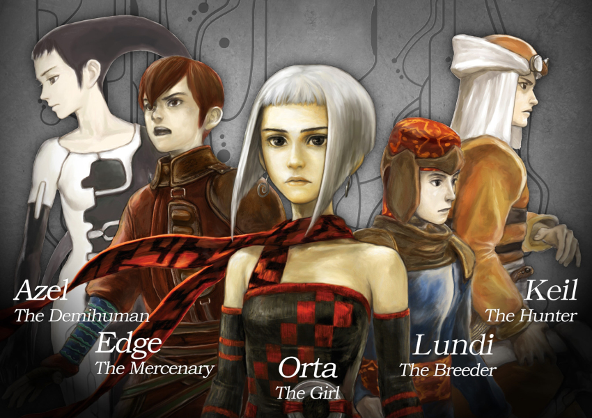 2girls, 3boys, azel_(panzer_dragoon), bare_shoulders, black_eyes, black_hair, bodysuit, brown_hair, character_name, detached_sleeves, dress, earrings, edge_(panzer_dragoon), elbow_gloves, everyone, fingerless_gloves, flat_chest, gloves, goggles, helmet, highres, jean-luc_lundi, jewelry, keil_fluge, keil_fudge, knife, long_hair, military, military_uniform, multiple_boys, multiple_girls, orta, panzer_dragoon, panzer_dragoon_orta, panzer_dragoon_saga, panzer_dragoon_zwei, scarf, sega, short_hair, shoulder_pads, silver_hair, skin_tight, strapless, strapless_dress, tube_dress