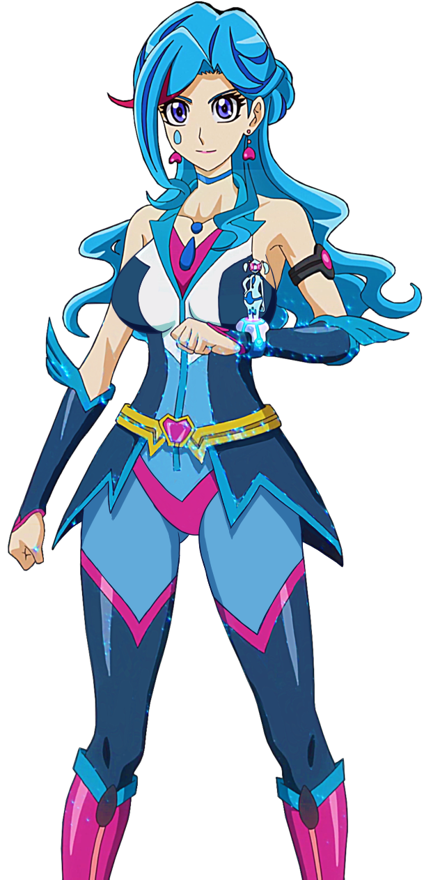 1girl, aqua_(yu-gi-oh!_vrains), blue_eyes, blue_hair, blue_maiden, choker, commentary_request, earrings, facial_tattoo, highres, jewelry, long_hair, multicolored_hair, official_style, skirt, tattoo, trfty657b, two-tone_hair, yu-gi-oh!, yuu-gi-ou, yuu-gi-ou_vrains, zaizen_aoi