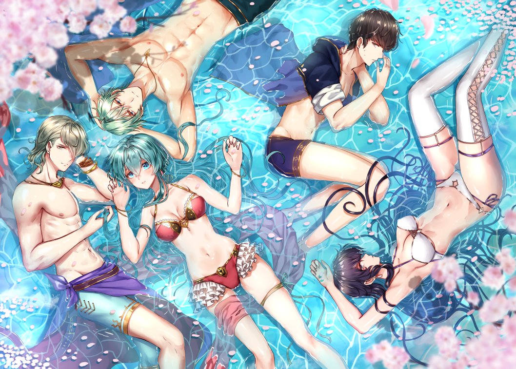 2girls, 3boys, abs, aqua_hair, arms_behind_head, ayra_(fire_emblem), berkut_(fire_emblem), bikini