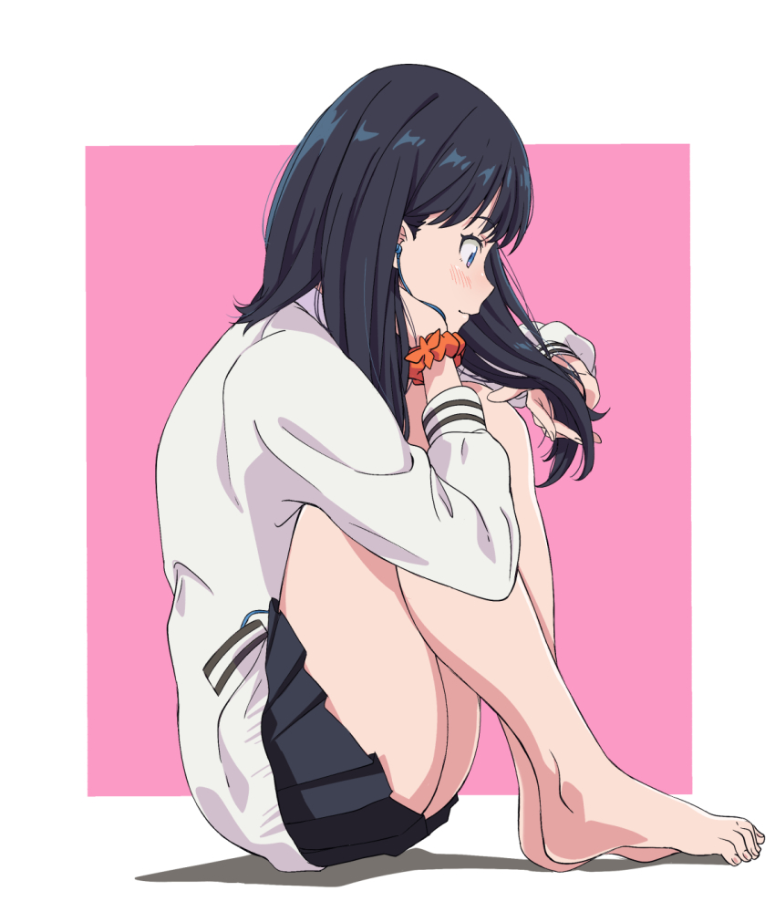 1girl, barefoot, black_hair, black_skirt, blue_eyes, blush, cardigan, closed_mouth, commentary_request, earphones, feet, female_focus, gridman_universe, highres, kanbe_piroshiki, legs, long_sleeves, orange_scrunchie, pink_background, profile, scrunchie, short_hair, sitting, skirt, solo, ssss.gridman, takarada_rikka, toes, white_cardigan, wrist_scrunchie
