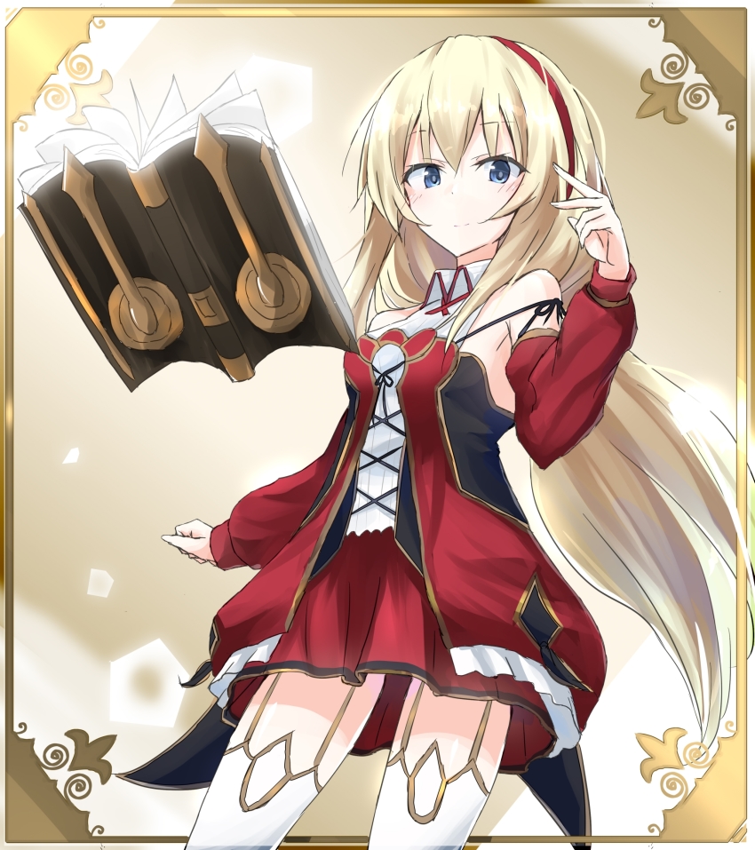 1girl, bare_shoulders, blonde_hair, blue_eyes, book, breasts, closed_mouth, collared_dress, commentary_request, cowboy_shot, detached_sleeves, dress, female_focus, framed, grimms_notes, hairband, hand_up, highres, legs_apart, long_hair, long_sleeves, looking_at_viewer, open_book, otakubotti, red_dress, red_hairband, reina_(grimms_notes), sleeves_past_wrists, small_breasts, smile, solo, standing, thighhighs, very_long_hair, white_thighhighs