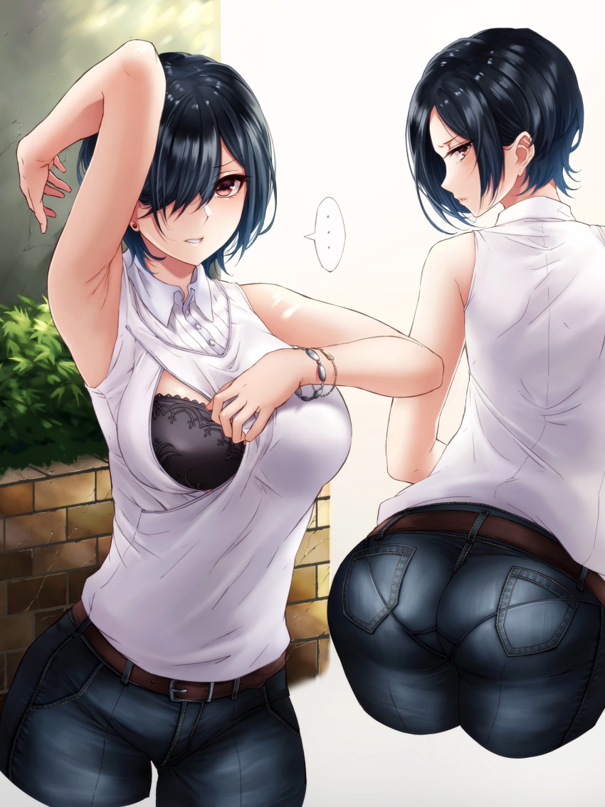 ..., 1girl, arched_back, arm_up, armpits, ass, bare_arms, belt, black_bra, black_hair, bra, bracelet, brick_wall, brown_belt, buttons, commentary_request, cropped_legs, denim, earrings, flashing, from_behind, hair_over_one_eye, highres, hikari_(komitiookami), jeans, jewelry, looking_at_viewer, looking_back, multiple_views, nursing_clothes, nursing_sweater, original, pants, pantylines, parted_lips, profile, red_eyes, revision, short_hair, sleeveless, sleeveless_sweater, spoken_ellipsis, standing, stud_earrings, sweater, underwear, white_background, white_sweater, wing_collar
