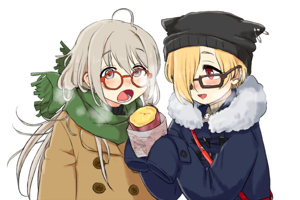 2girls, :o, a_ichi, ahoge, bag, beanie, beige_coat, bespectacled