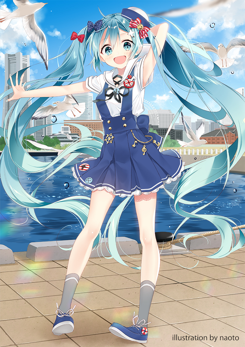 1girl, ahoge, aqua_eyes, aqua_hair, arm_up, artist_request, badge, bird