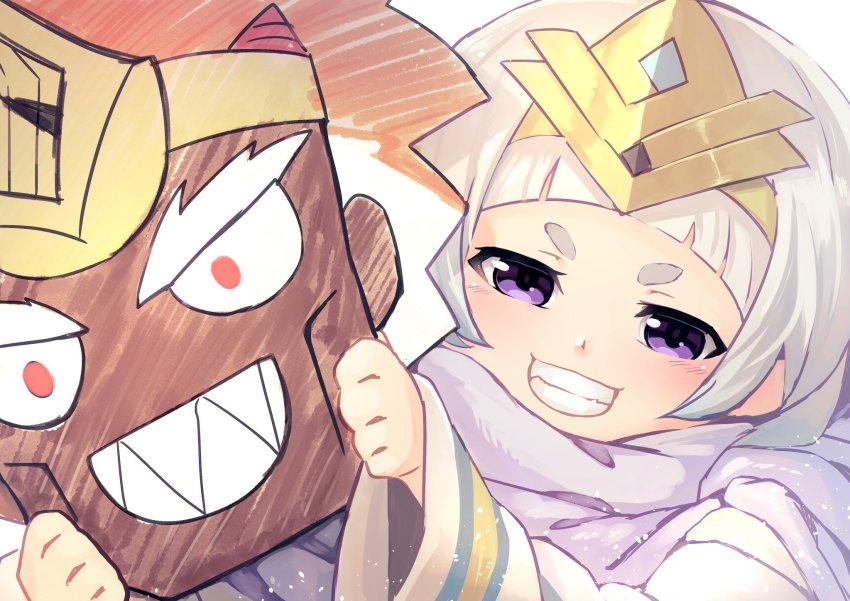 1girl, character_mask, female_focus, fire_emblem, fire_emblem_heroes, grin, helbindi_(fire_emblem), highres