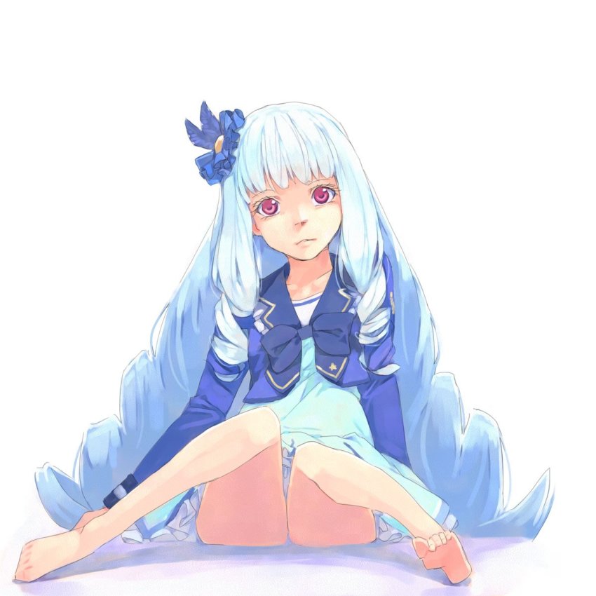 1girl, aikatsu!_(series), aikatsu_stars!, akinbo_(hyouka_fuyou), barefoot, blue_bow, blue_dress, blue_feathers, bow, collarbone, dress, feather_hair_ornament, feathers, female_focus, full_body, hair_ornament, head_tilt, highres, knees_together_feet_apart, long_hair, looking_at_viewer, red_eyes, shirogane_lily, short_dress, silver_hair, simple_background, sitting, soles, solo, thighs, very_long_hair, white_background