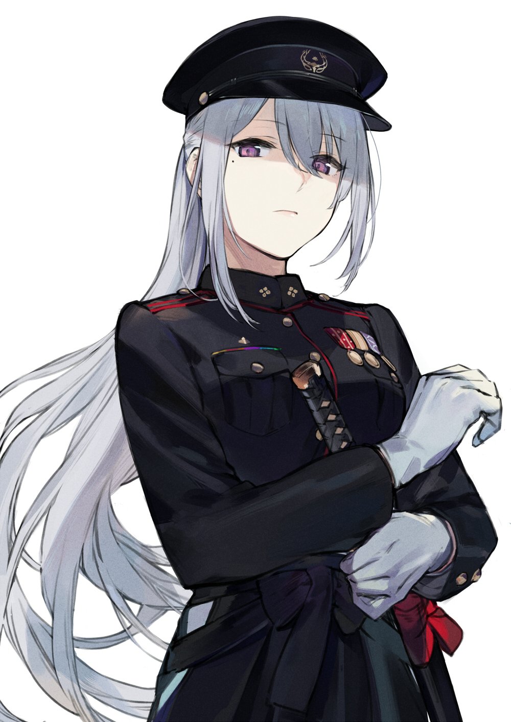 adjusting_clothes, duoyuanjun, expressionless, gloves, hat, highres, higuchi_kaede, higuchi_kaede_(military), jacket, katana, long_hair, long_sleeves, military, military_uniform, mole, mole_under_eye, nijisanji, peaked_cap, ponytail, purple_eyes, sidelocks, silver_hair, simple_background, sword, very_long_hair, virtual_youtuber, weapon, white_background, white_gloves