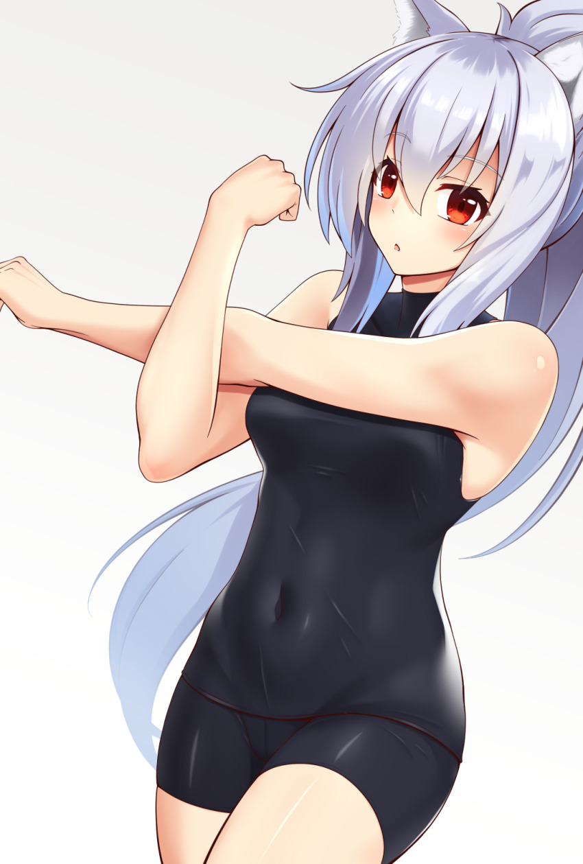 1girl, animal_ear_fluff, animal_ears, bare_arms, bare_shoulders, bike_shorts, black_shirt, black_shorts