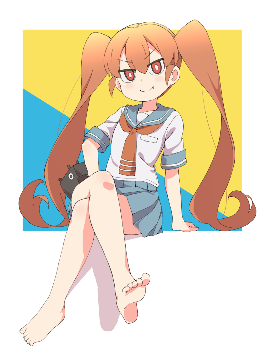 1girl, bare_legs, barefoot, crossed_legs, fang, feet, highres, karahai_(31448823), long_hair, orange_eyes, orange_hair, school_uniform, serafuku, sitting, soles, tamon_(ueno-san_wa_bukiyou), toes, twintails, ueno-san_wa_bukiyou, ueno_(ueno-san_wa_bukiyou), v-shaped_eyebrows, very_long_hair