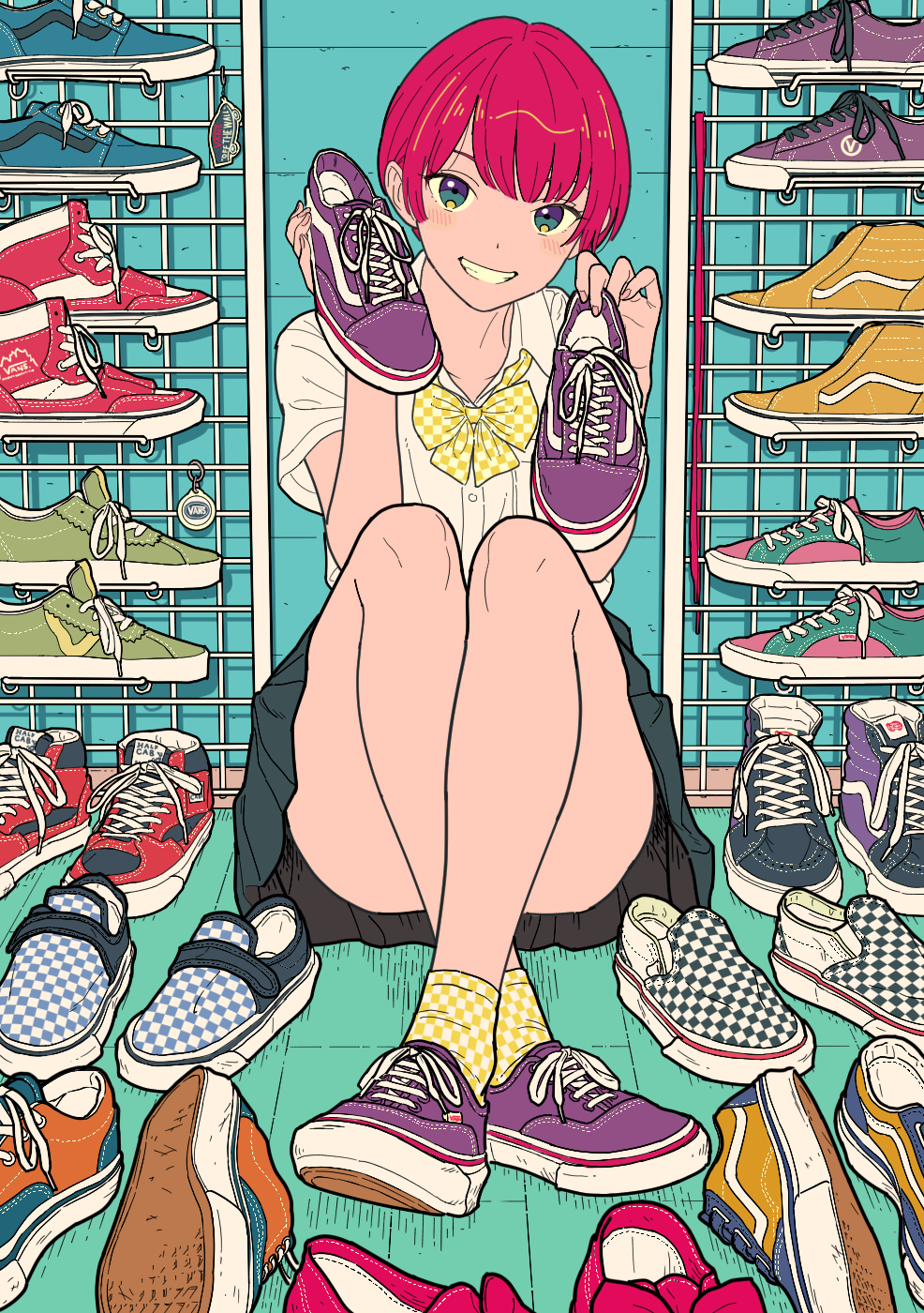 1girl, aida_takanobu, blush, bow, checkered_shoes, collared_shirt, crossed_ankles, female_focus, fingernails, flat_color, green_eyes, grid_rack, highres, original, pink_hair, sanpaku, shirt, shoelaces, shoes, short_hair, short_sleeves, sitting, skirt, smile, sneakers, socks, solo, teeth, vans