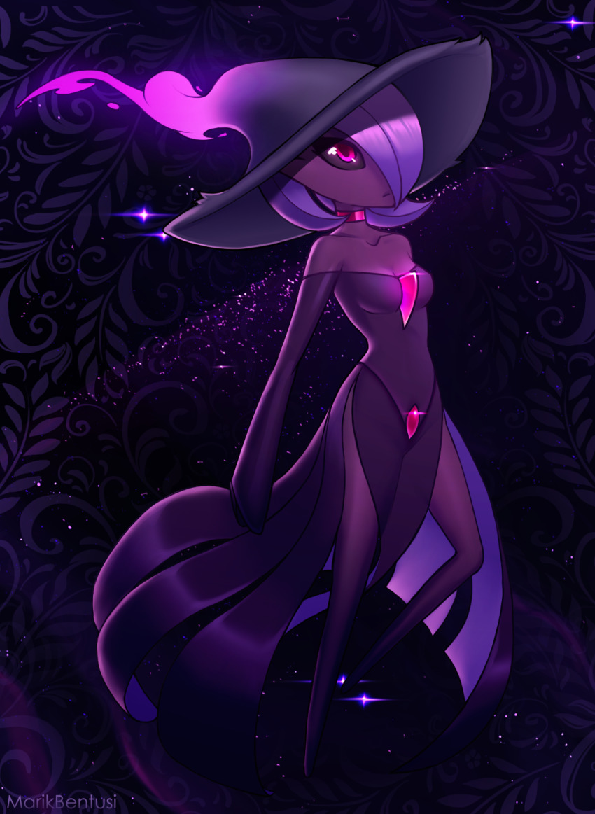 1girl, alternate_hair_color, alternate_skin_color, artist_name, bare_shoulders, black_hat, black_sclera, breasts