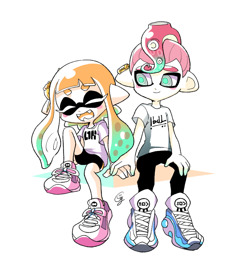 1boy, 1girl, ^_^, bike_shorts, black_pants, black_shorts, blush_stickers, closed_eyes