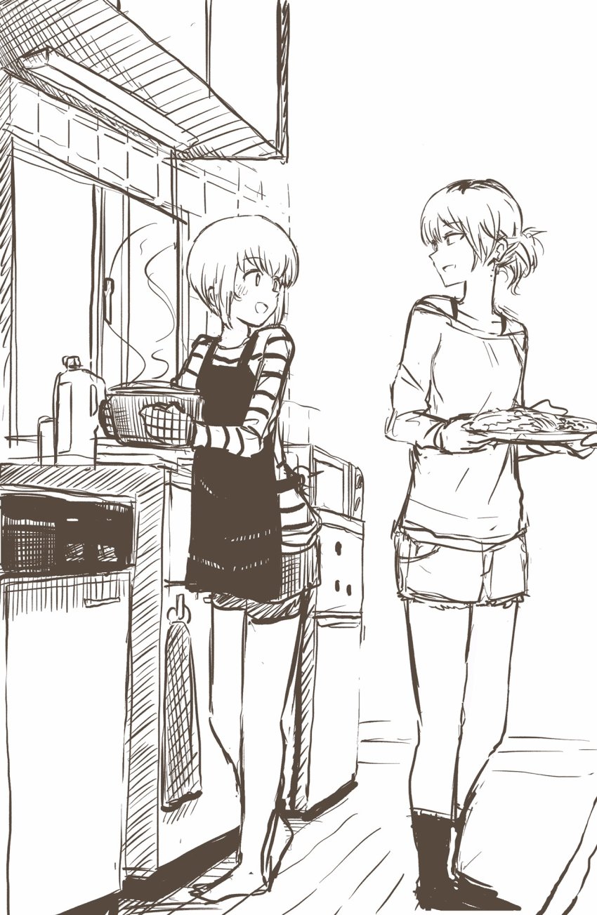 2girls, :d, alternate_hairstyle, apron, blush, casual, commentary_request, cooking
