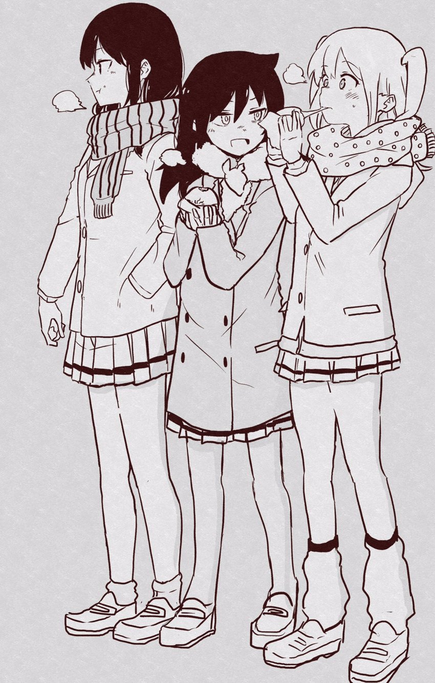 3girls, blush, coat, eating, food, fur_scarf, girl_sandwich, greyscale
