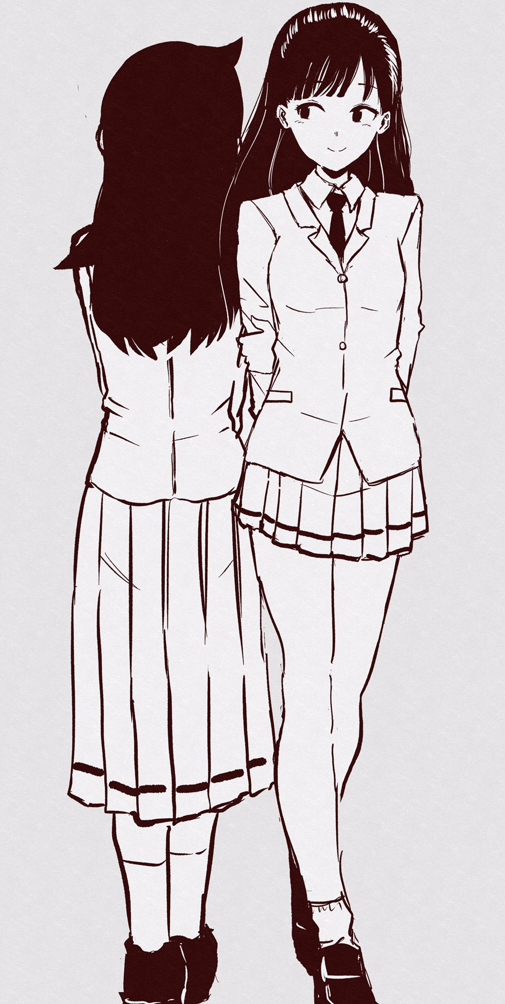 2girls, arms_behind_back, back-to-back, blazer, facing_away, greyscale, hand_on_own_arm, harasunosioyaki