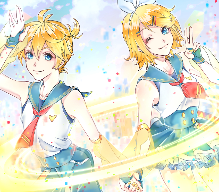 1boy, 1girl, ;), black_gloves, blonde_hair, blue_eyes, blue_sailor_collar, blue_shorts