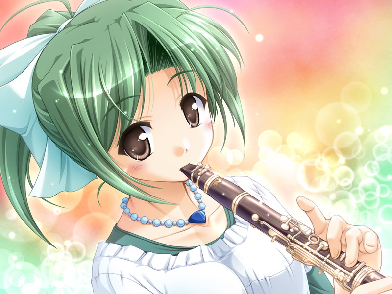 bekkankou, brown_eyes, clarinet, green_hair, instrument, jewelry, necklace, ponytail