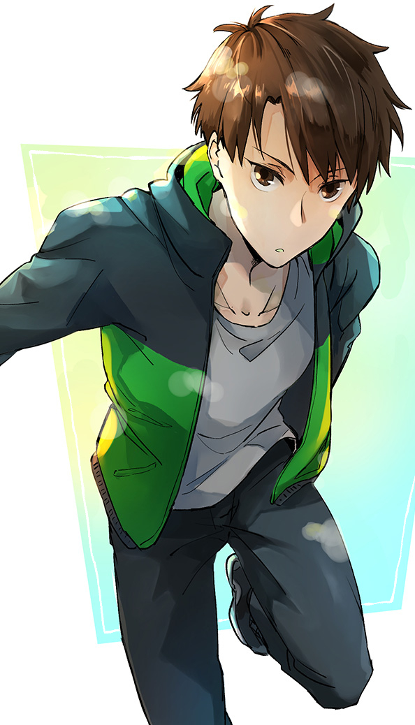 1boy, black_pants, brown_eyes, brown_hair, green_jacket, haiji_kiyose, jacket, kaze_ga_tsuyoku_fuiteiru