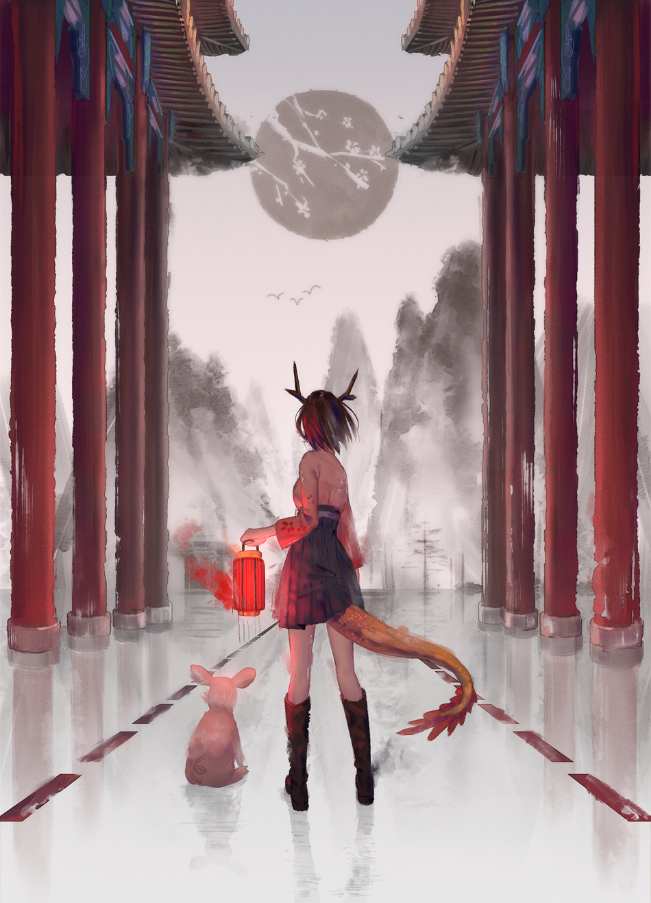 1girl, animal, antlers, bird, black_skirt, boots, breasts, brown_boots