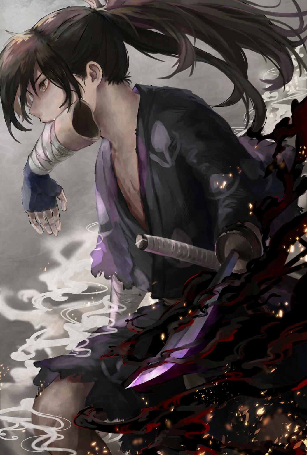 1boy, amputee, bandaged_arm, bandages, black_hair, blue_gloves, brown_eyes, dororo_(tezuka)