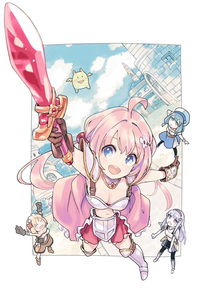 4girls, ^_^, ahoge, armor, blonde_hair, blue_eyes, blue_hair, blush