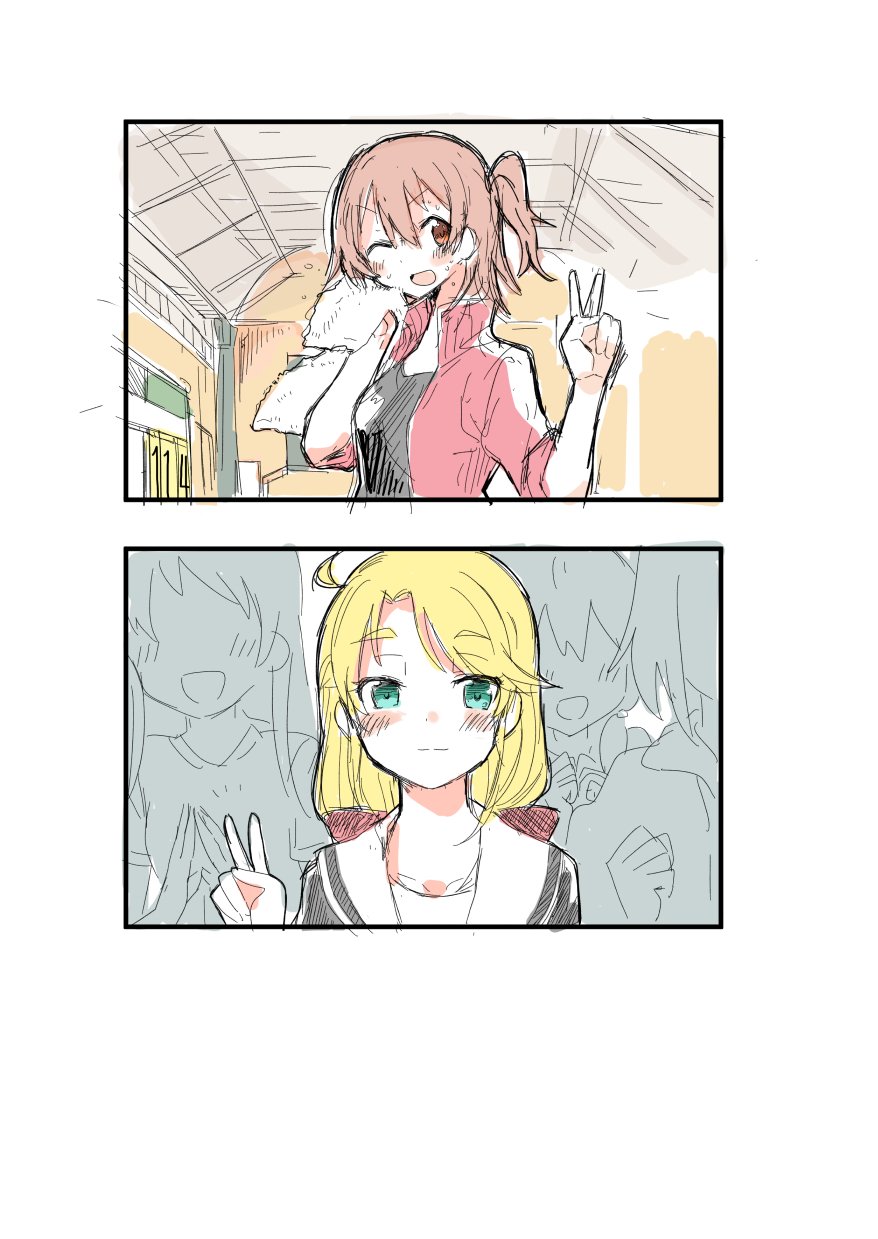 blonde_hair, blush, bow, brown_hair, comic, gym_uniform, hair_ornament, highres, himesaka_noa, hoshino_hinata, long_hair, multiple_girls, nao_(70_pocky), aged_up, one_eye_closed, open_mouth, red_eyes, school_uniform, short_hair, smile, sweat, v, watashi_ni_tenshi_ga_maiorita!