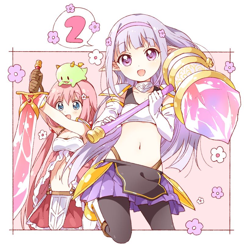 2girls, black_legwear, blush, breasts, brown_gloves, chibi_dragon, elbow_gloves, elf