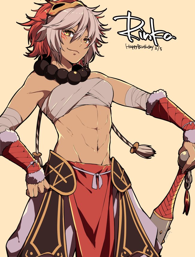 1girl, abs, ataka_takeru, bad_id, bad_twitter_id, bandaged_arm, bandages, beads, character_name, chest_sarashi, closed_mouth, club, club_(weapon), dark-skinned_female, dark_skin, facial_mark, female_focus, fire_emblem, fire_emblem_fates, fur_trim, kanabou, mask, mask_on_head, midriff, navel, nintendo, rinkah_(fire_emblem), sarashi, simple_background, smile, solo, weapon, white_hair