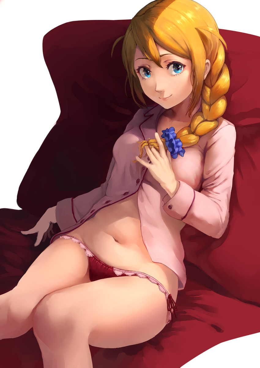 1girl, baba_konomi, blue_eyes, blue_scrunchie, braid, braided_ponytail, buttons, chair